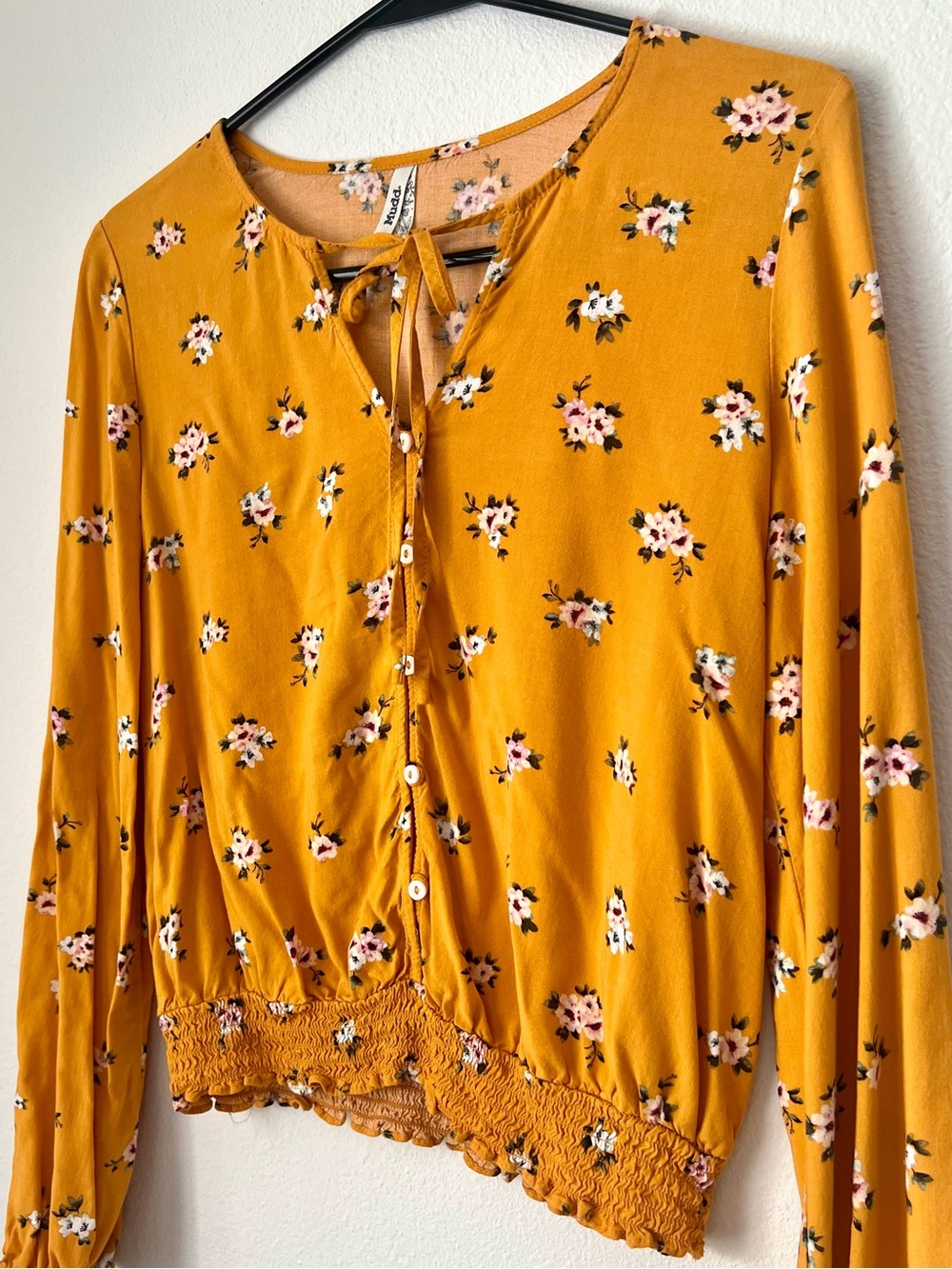 Mudd Mustard Floral Tie-Neck Long Sleeve Top